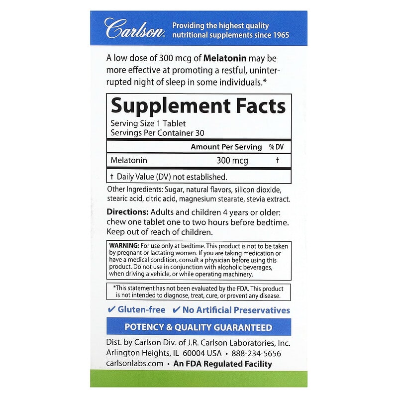 Carlson, Melatonin, Natural Strawberry Lemon, 300 mcg, 30 Tablets 88395873607