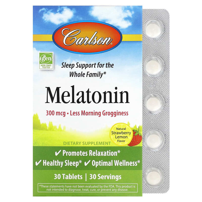 Carlson Melatonin Natural Strawberry Lemon 300 mcg 30 Tablets 88395873607