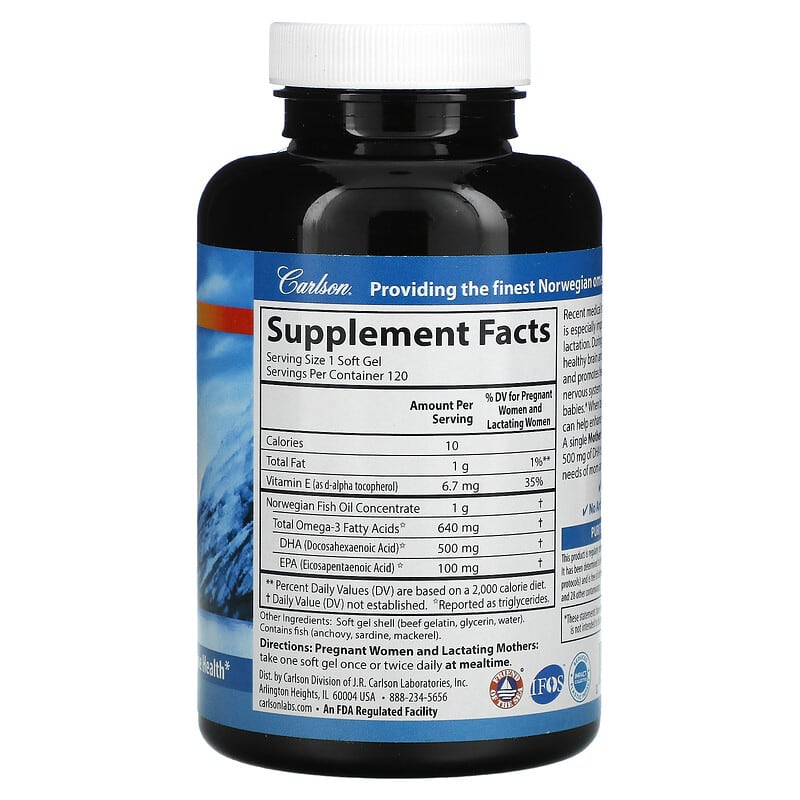 Carlson, Mother's DHA, 500 mg, 120 Soft Gels 88395015618