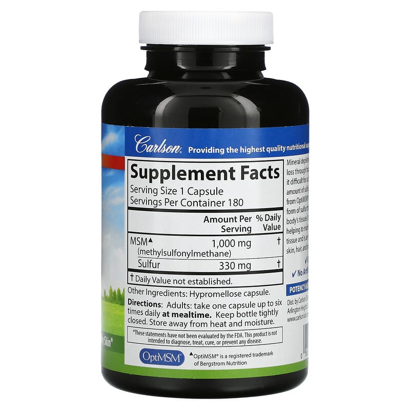 Carlson, MSM Sulfur, 1,000 mg, 180 Vegetarian Capsules 88395087226
