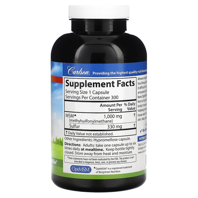 Carlson, MSM Sulfur, 1,000 mg, 300 Vegetarian Capsules 88395872303