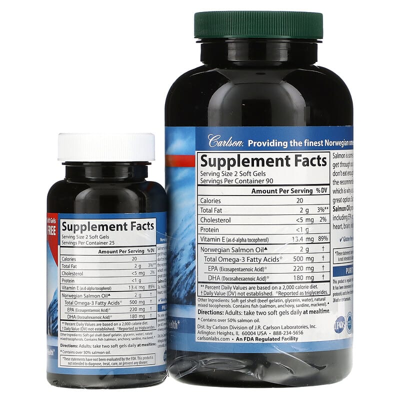 Carlson, Norwegian, Salmon Oil, 250 mg, 180 + 50 Soft Gels 88395015045