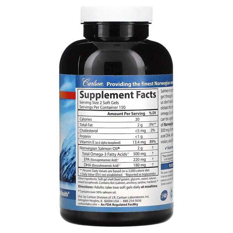 Carlson, Norwegian, Salmon Oil, 250 mg, 300 Soft Gels 88395015052