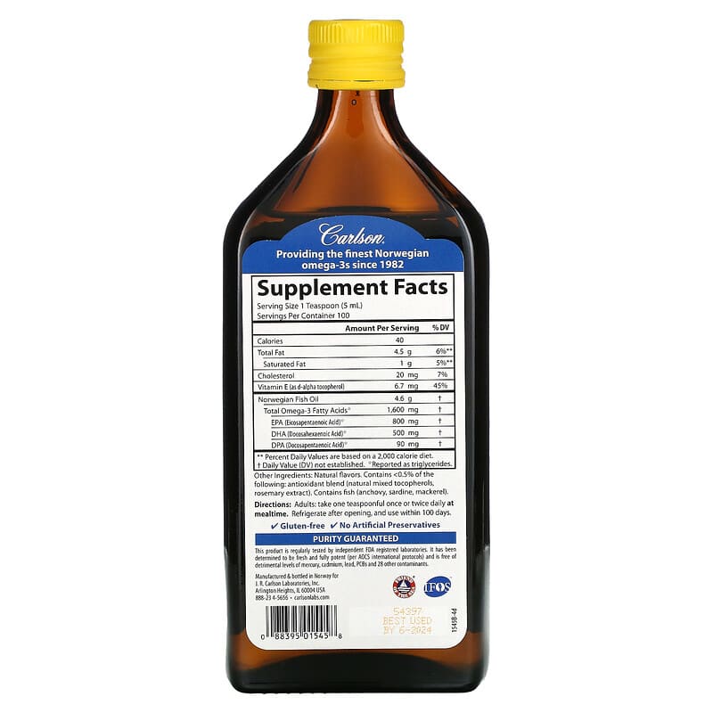 Carlson, Norwegian, The Very Finest Fish Oil, Natural Lemon , 1,600 mg, 16.9 fl oz (500 ml) 88395015458