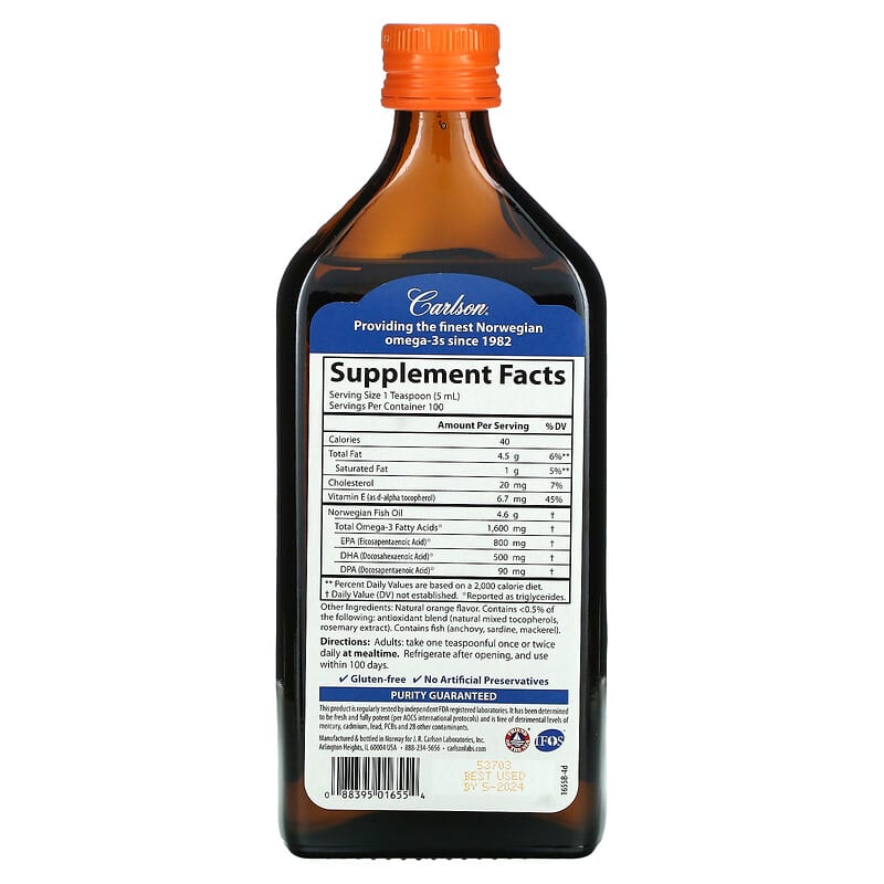 Carlson, Norwegian, The Very Finest Fish Oil, Natural Orange , 1,600 mg, 16.9 fl oz (500 ml) 88395016554