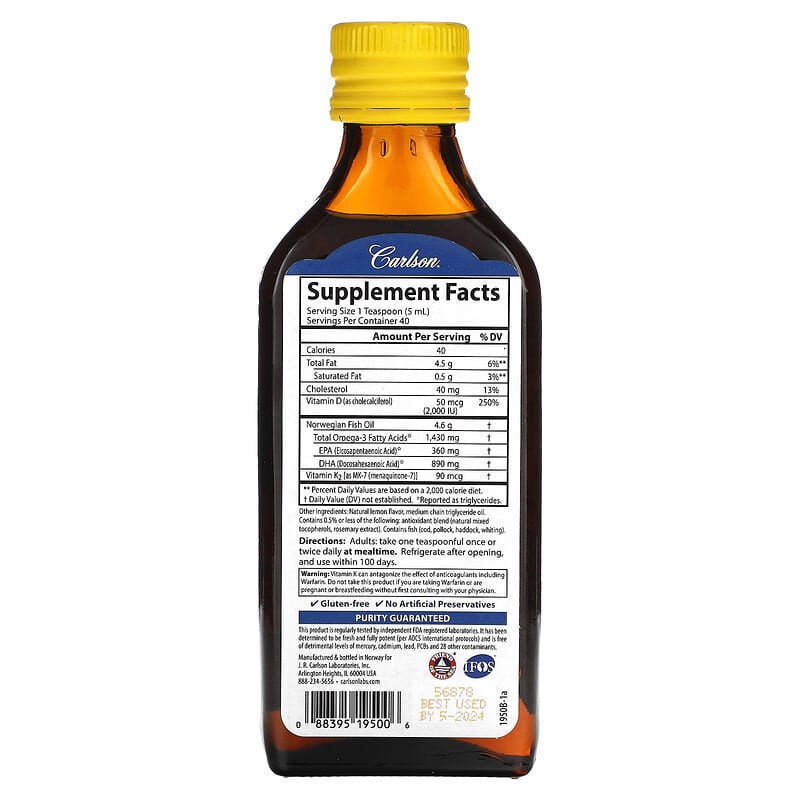 Carlson, Omega 3 Plus D & K, Natural Lemon, 1,430 mg , 6.7 fl oz (200 ml) 88395195006