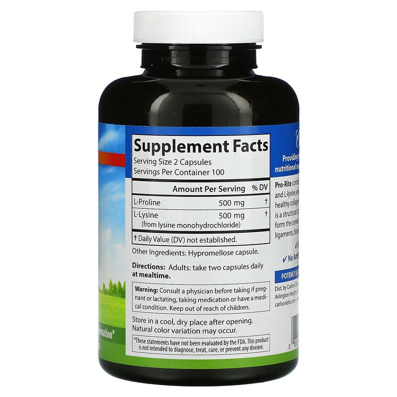 Carlson, Pro-Rite, Free-Form L-Proline & L-Lysine, 200 Vegetarian Capsules 88395687303