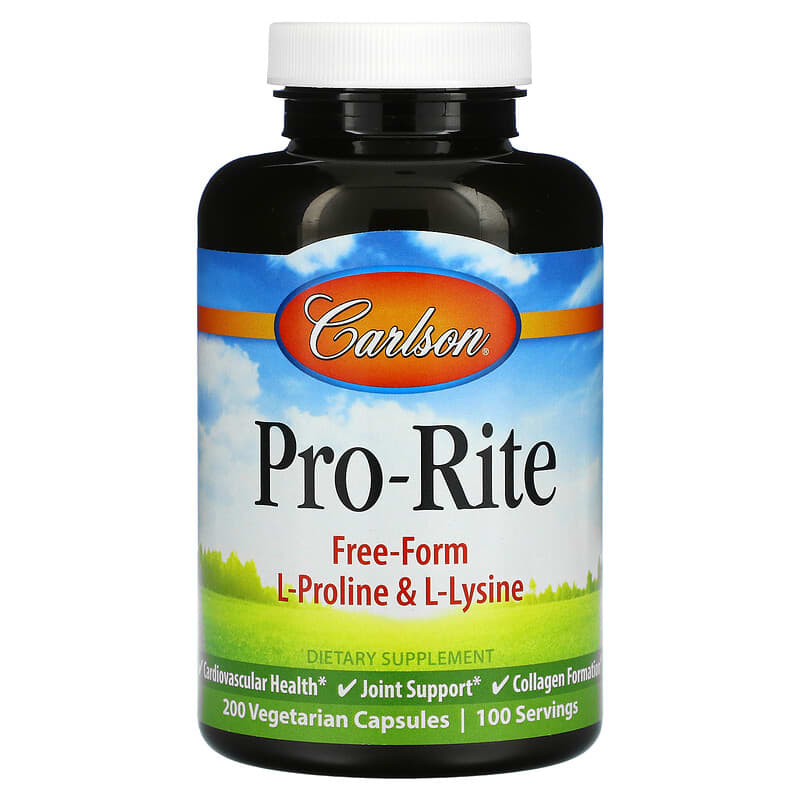 Carlson Pro-Rite Free-Form L-Proline & L-Lysine 200 Vegetarian Capsules 88395687303