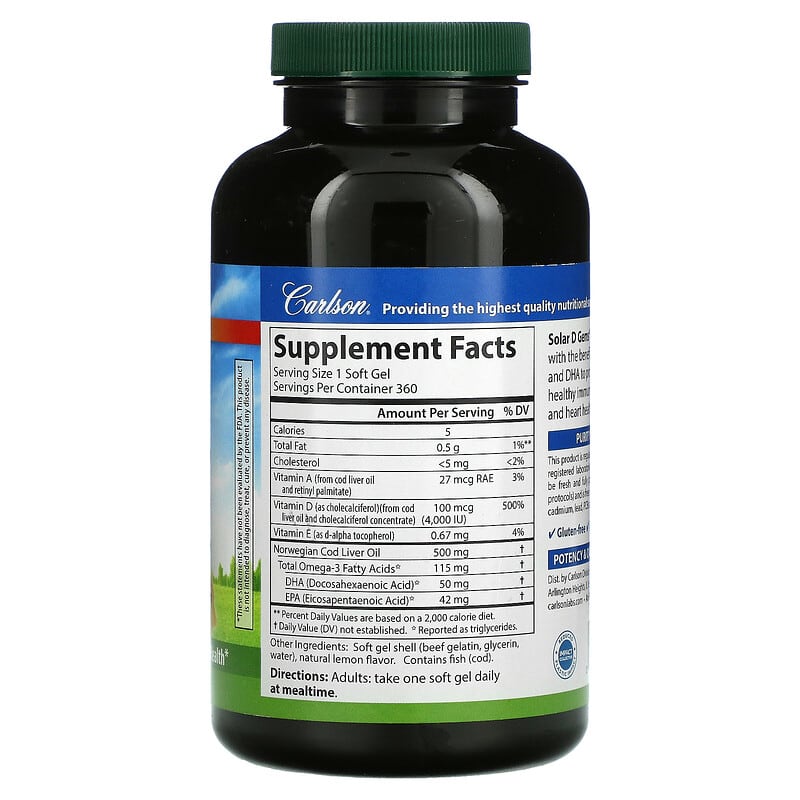 Carlson, Solar D Gems, Natural Lemon , 100 mg (4,000 IU), 360 Soft Gels 88395014833