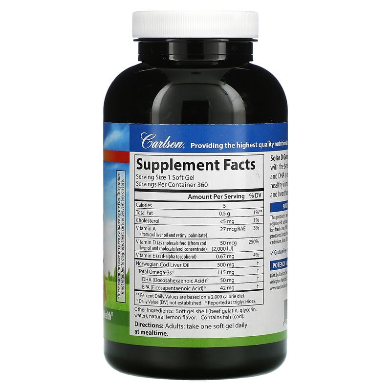 Carlson, Solar D Gems, Vitamin D3 + Omega-3s, Natural Lemon, 360 Soft Gels 88395014734