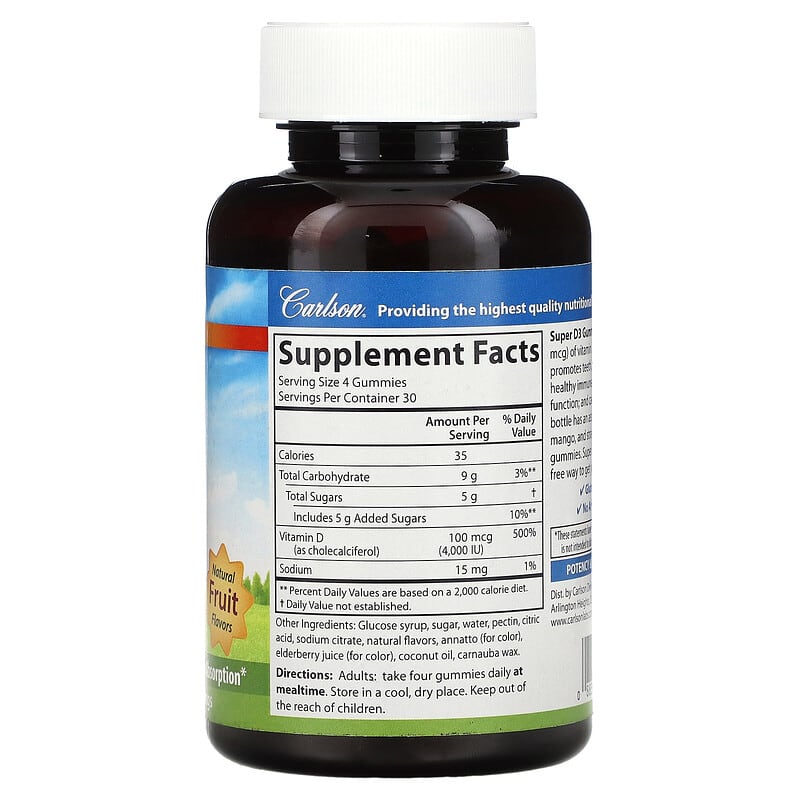 Carlson, Super D3 Gummies, Natural Fruit , 25 mcg (1,000 IU), 120 Vegetarian Gummies 88395498008