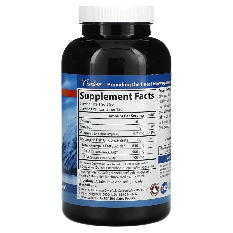 Carlson, Super-DHA Gems, 500 mg, 180 Soft Gels 88395015526