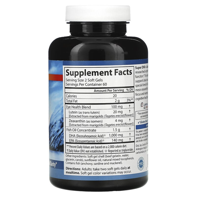 Carlson, Super DHA Plus Lutein, 120 Soft Gels 88395188206