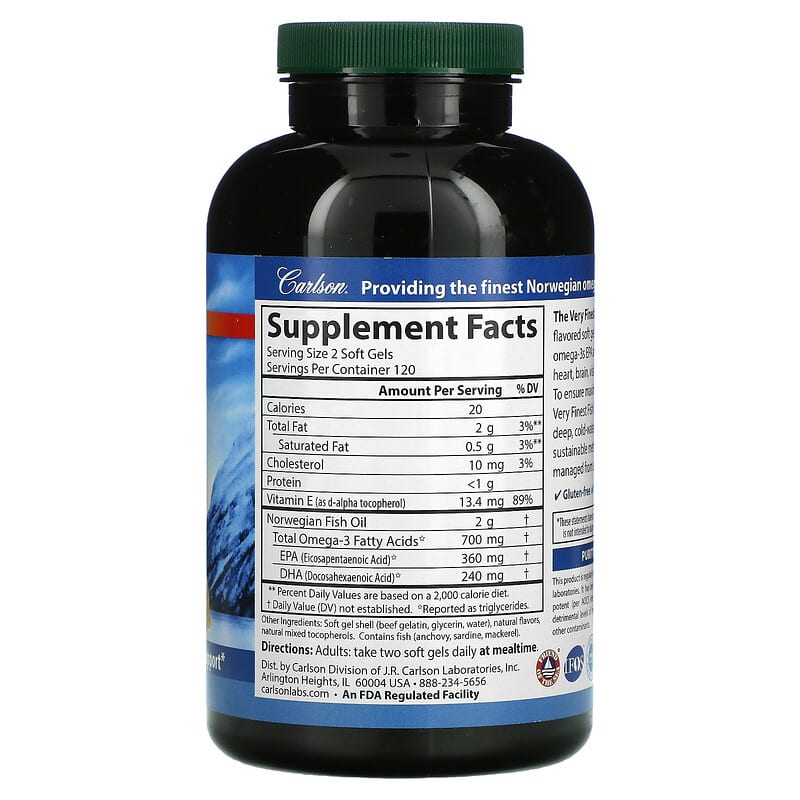 Carlson, The Very Finest Fish Oil, Natural Lemon , 350 mg, 240 Soft Gels 88395016325
