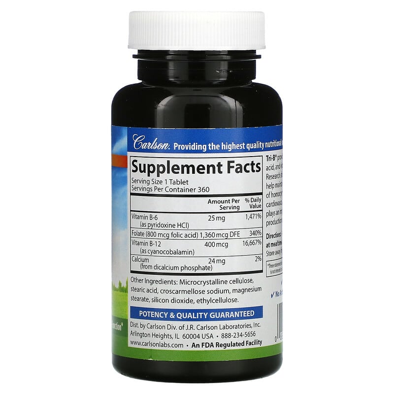Carlson, Tri-B with B6, B12 & Folic Acid, 360 Tablets 88395020032