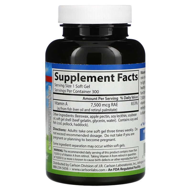Carlson, Vitamin A, 25,000 IU, 300 Soft Gels 88395011634