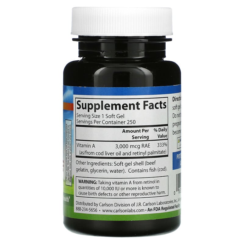 Carlson, Vitamin A, 3,000 mcg RAE, (10,000 IU) , 250 Soft Gels 88395011122