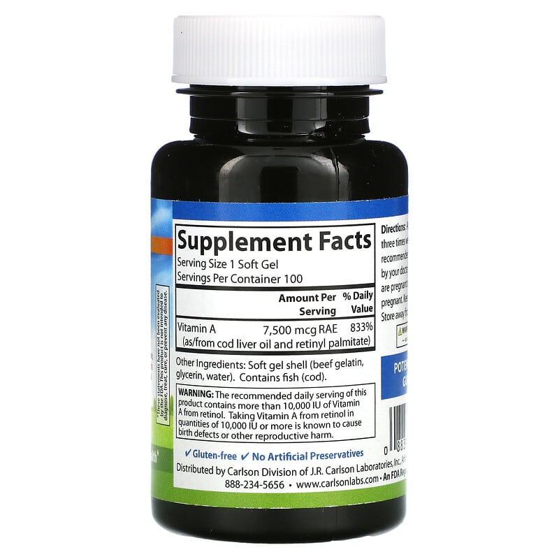Carlson, Vitamin A, 7,500 mcg (25,000 IU), 100 Soft Gels 88395011313