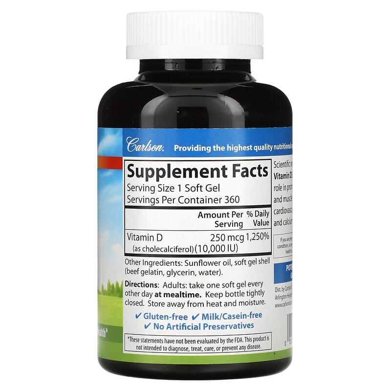 Carlson, Vitamin D3, 10,000 IU (250 mcg), 360 Soft Gels 88395142307
