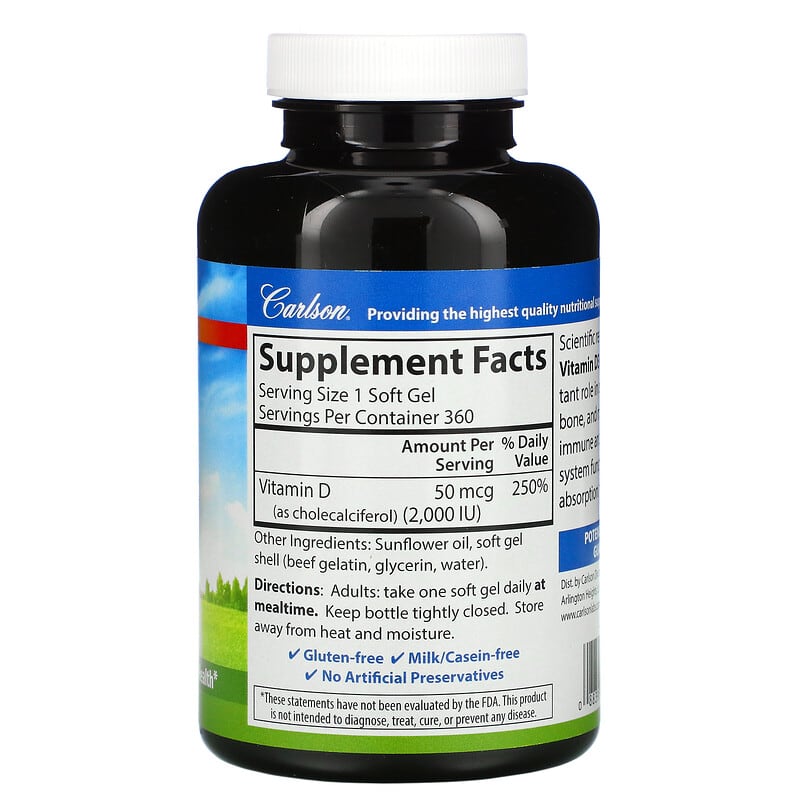 Carlson, Vitamin D3, 2,000 IU (50 mcg), 360 Soft Gels 88395014635