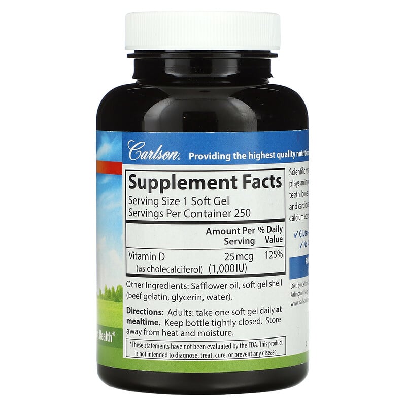 Carlson, Vitamin D3, 25 mcg (1,000 IU), 250 Soft Gels 88395014529
