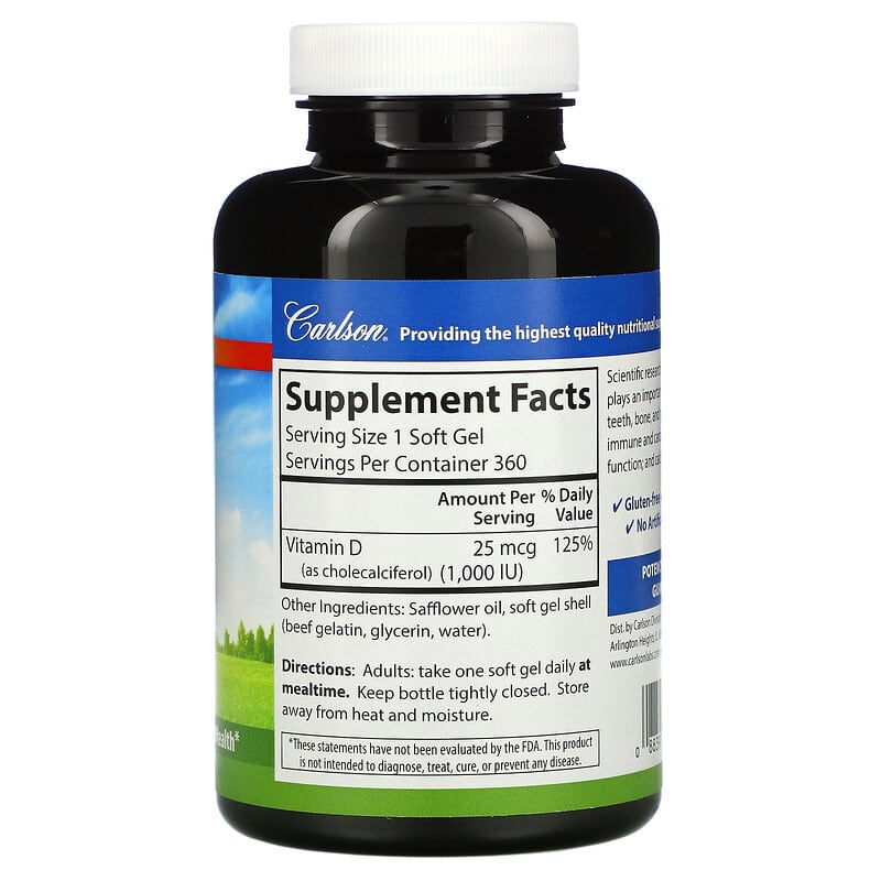 Carlson, Vitamin D3, 25 mcg (1,000 IU), 360 Soft Gels 88395145605