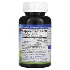 Carlson, Vitamin D3, 250 mcg (10,000 IU), 120 Soft Gels 88395014215
