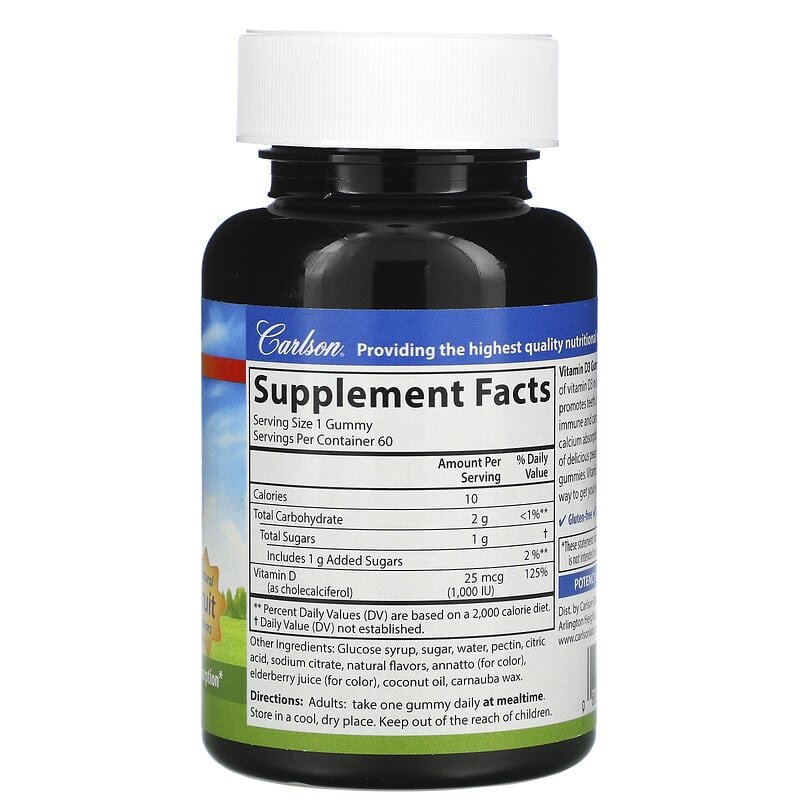 Carlson, Vitamin D3 Gummies, Natural Fruit Flavors, 25 mcg (1,000 IU), 60 Gummies 88395494000