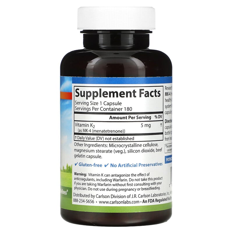 Carlson, Vitamin K2, MK-4 (Menatetrenone), 5 mg, 180 Capsules 88395010019