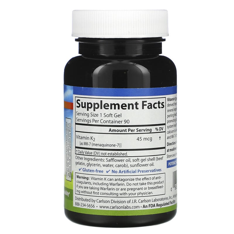Carlson, Vitamin K2 MK-7, 45 mcg, 90 Soft Gels 88395101106