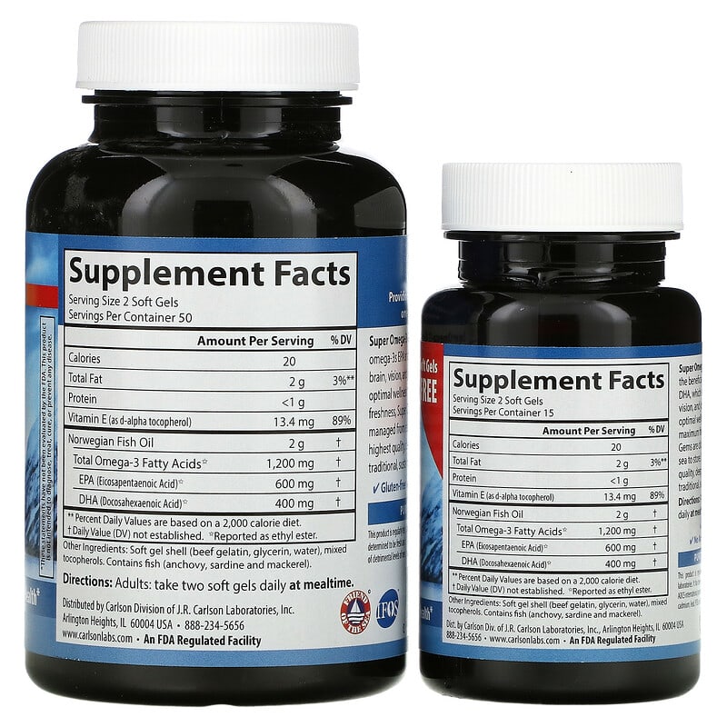 Carlson, Wild Caught, Super Omega-3 Gems, 600 mg, 100 + 30 Soft Gels 88395015243