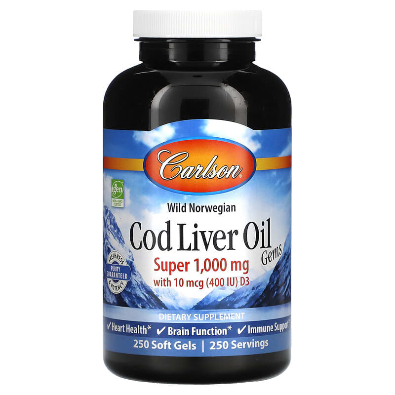 Carlson Wild Norwegian Cod Liver Oil Gems 1,000 mg 250 Soft Gels 88395013027