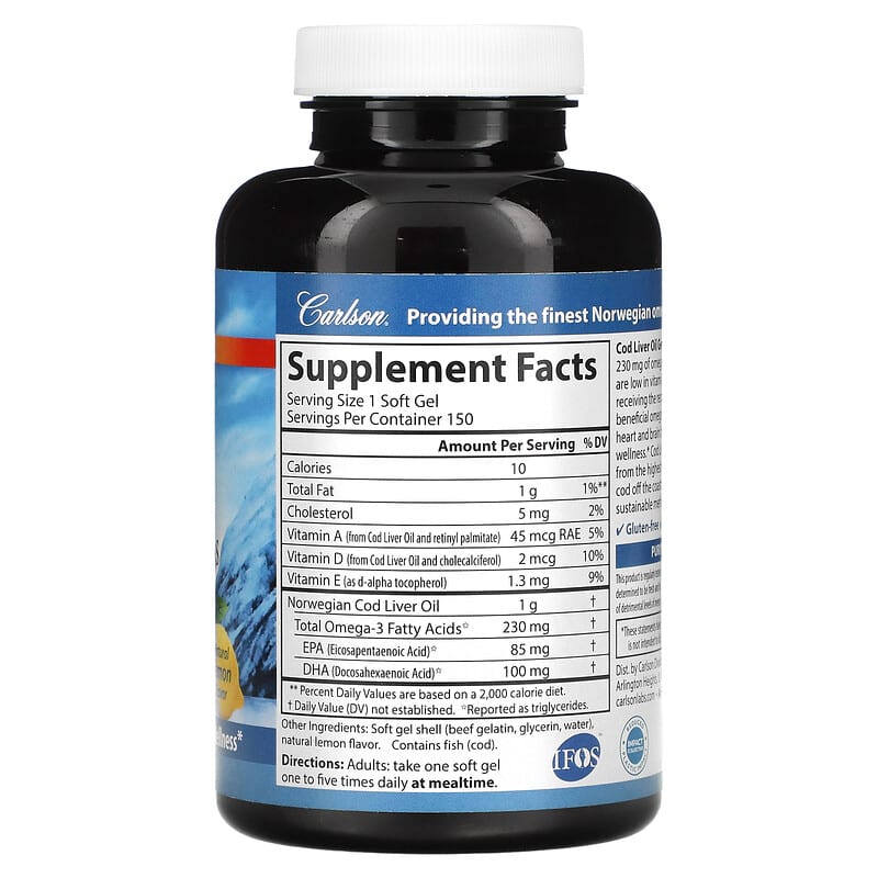 Carlson, Wild Norwegian, Cod Liver Oil Gems, Low Vitamin A, Natural Lemon , 230 mg, 150 Soft Gels 88395013911