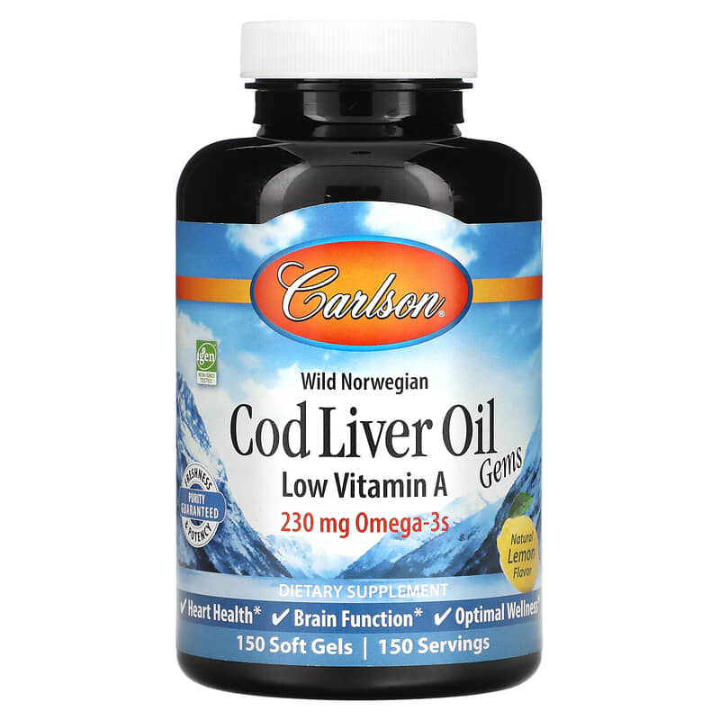 Carlson Wild Norwegian Cod Liver Oil Gems Low Vitamin A Natural Lemon  230 mg 150 Soft Gels 88395013911