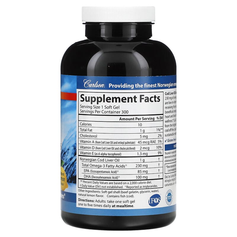 Carlson, Wild Norwegian, Cod Liver Oil Gems, Low Vitamin A, Natural Lemon , 300 Soft Gels 88395013935