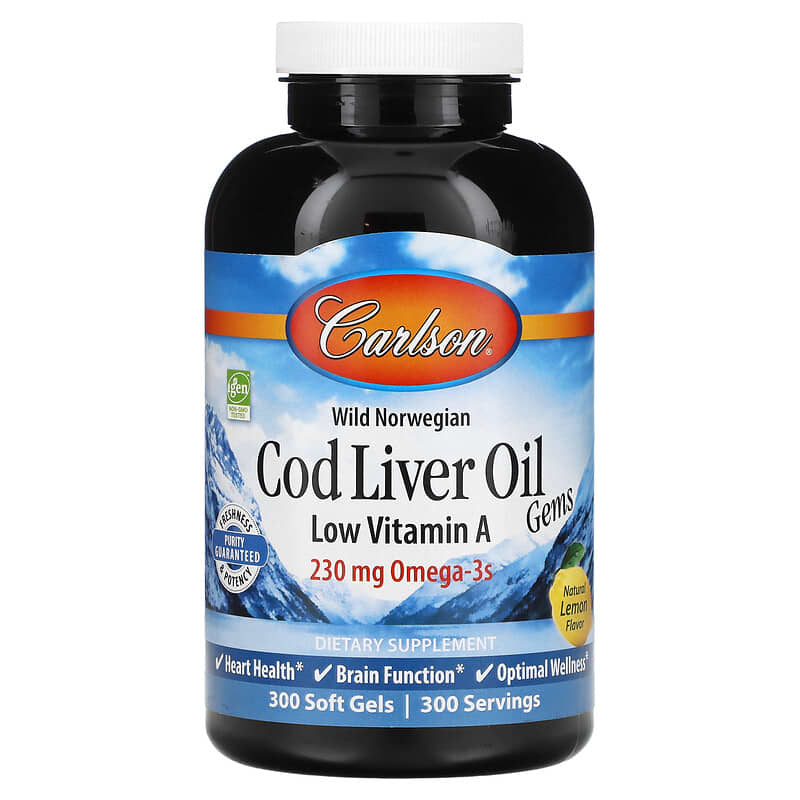 Carlson Wild Norwegian Cod Liver Oil Gems Low Vitamin A Natural Lemon  300 Soft Gels 88395013935