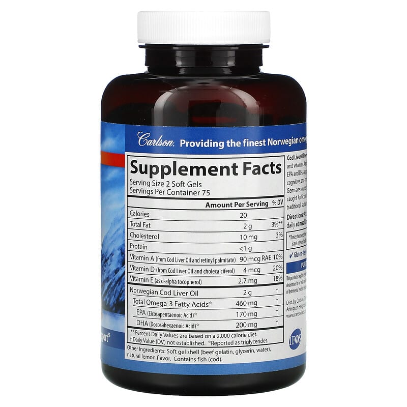 Carlson, Wild Norwegian, Cod Liver Oil Gems, Natural Lemon, 460 mg, 150 Soft Gels 88395013812