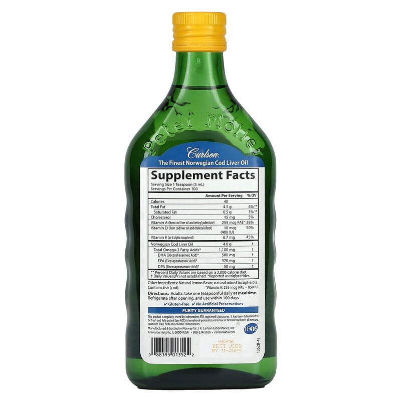 Carlson, Wild Norwegian, Cod Liver Oil, Natural Lemon , 16.9 fl oz (500 ml) 88395013522