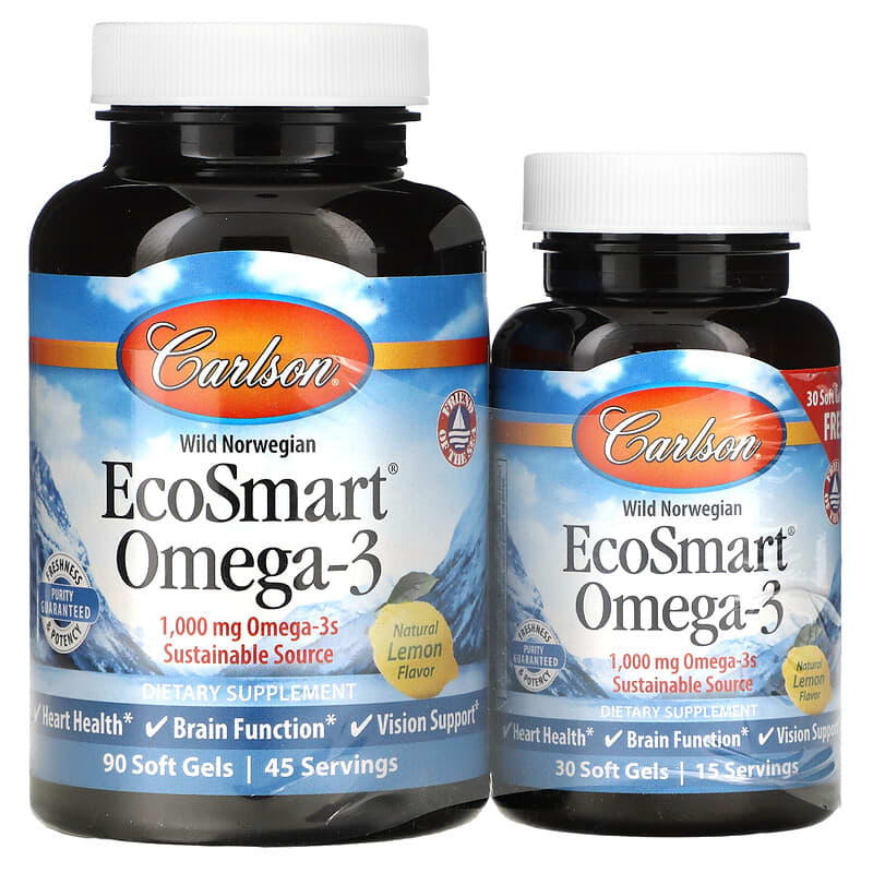 Carlson Wild Norwegian EcoSmart Omega-3 Natural Lemon 500 mg 90 + 30 Soft Gels 88395018046