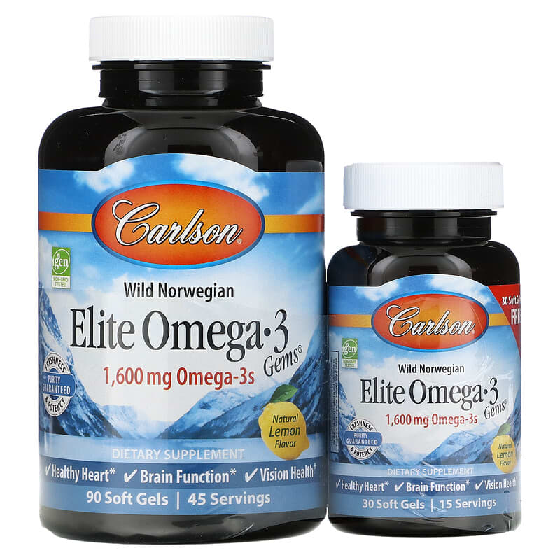 Carlson Wild Norwegian Elite Omega-3 Gems Natural Lemon 800 mg 120 Soft Gels 88395017148