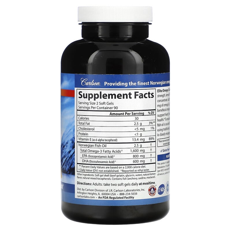Carlson, Wild Norwegian, Elite Omega-3 Gems, Natural Lemon , 800 mg, 180 Soft Gels 88395017124