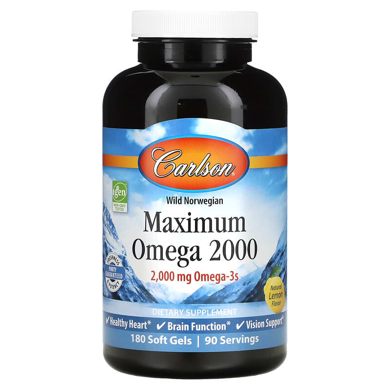 Carlson Wild Norwegian Maximum Omega 2000 Natural Lemon 1,000 mg 180 Soft Gels 88395172205