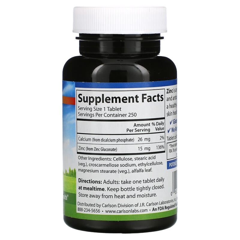 Carlson, Zinc, 15 mg, 250 Tablets 88395053122