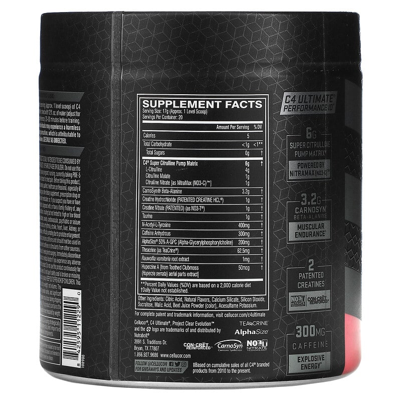 Cellucor, C4 Ultimate Pre-Workout Performance, Strawberry Watermelon, 11.99 oz (340 g) 842595112290