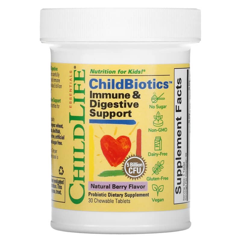 ChildLife, ChildBiotics, Immune & Digestive Support, Natural Berry, 5 Billion CFU, 30 Chewable Tablets 608274104006