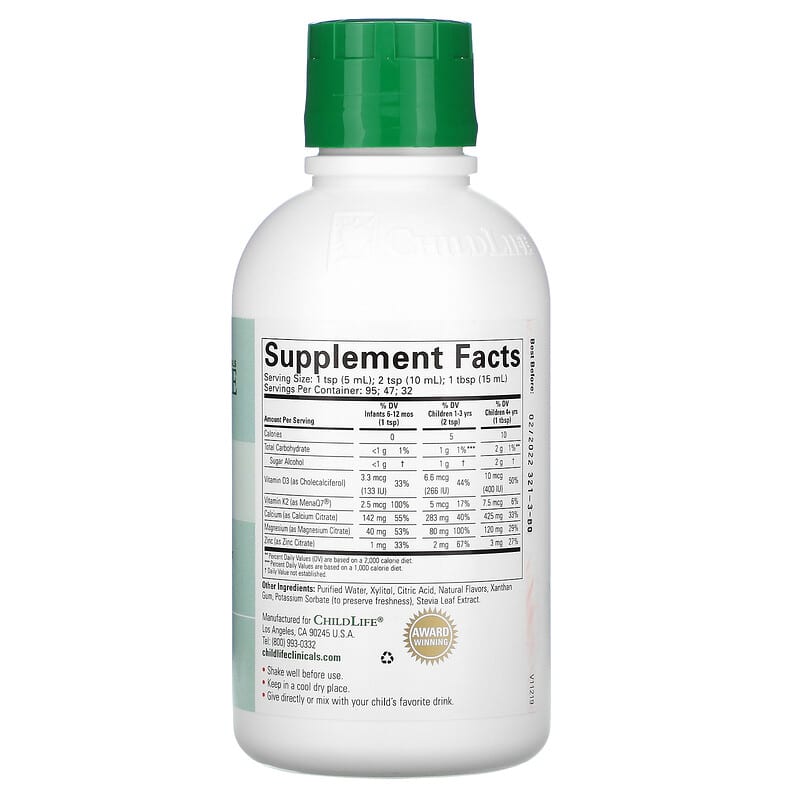 Childlife Clinicals, Bone Health, Liquid Calcium/Magnesium Formula with Vitamin D3 & Vitamin K2, Natural Orange, 16 fl oz (473 ml) 850005307020