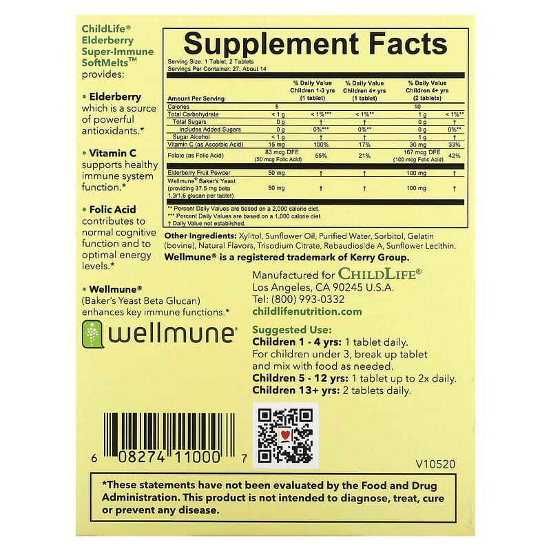 ChildLife, Elderberry Super-Immune SoftMelts, Natural Berry, 27 Tablets 608274110007