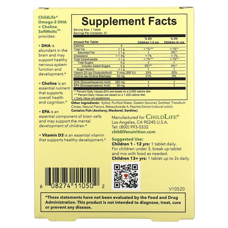 ChildLife, Omega-3 DHA + Choline SoftMelts, Natural Passion Fruit , 27 Tablets 608274110502