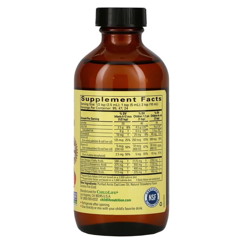 ChildLife, Pure Arctic Cod Liver Oil, Natural Strawberry, 8 fl oz (237 ml) 608274105003