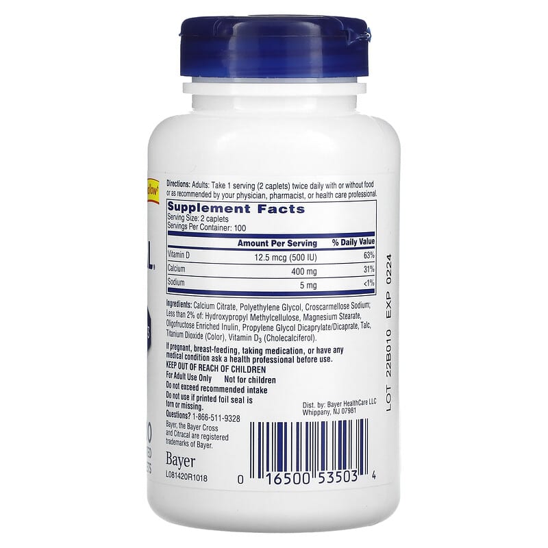 Citracal, Calcium Supplement +D3, Petites, 200 Coated Caplets 16500535034